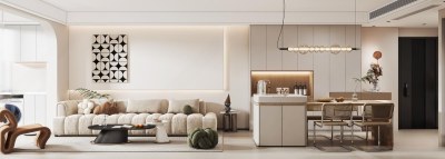 现代奶油风客餐厅3D模型下载